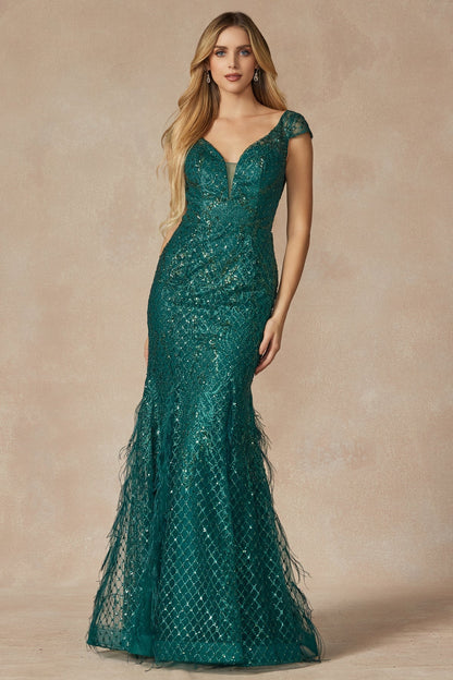 Feather Skirt Mermaid Open V-Back Illusion Sweetheart Long Prom Dress JT286