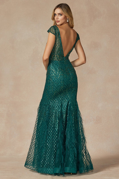 Feather Skirt Mermaid Open V-Back Illusion Sweetheart Long Prom Dress JT286