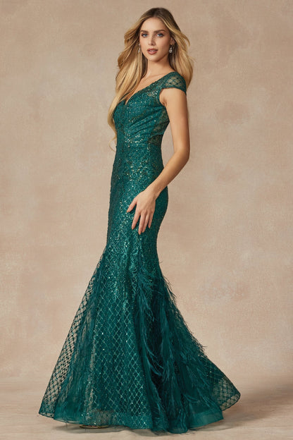 Feather Skirt Mermaid Open V-Back Illusion Sweetheart Long Prom Dress JT286
