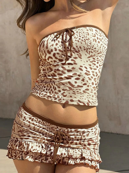 Leopard Print Strapless Top and Skirt Two-Piece Set