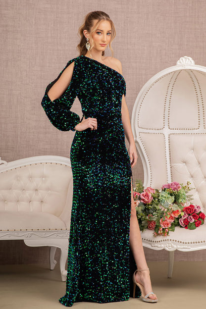 Sequin Asymmetric Velvet Festive Mermaid Gown w/ One Long Puff Sleeve  GLGL3159