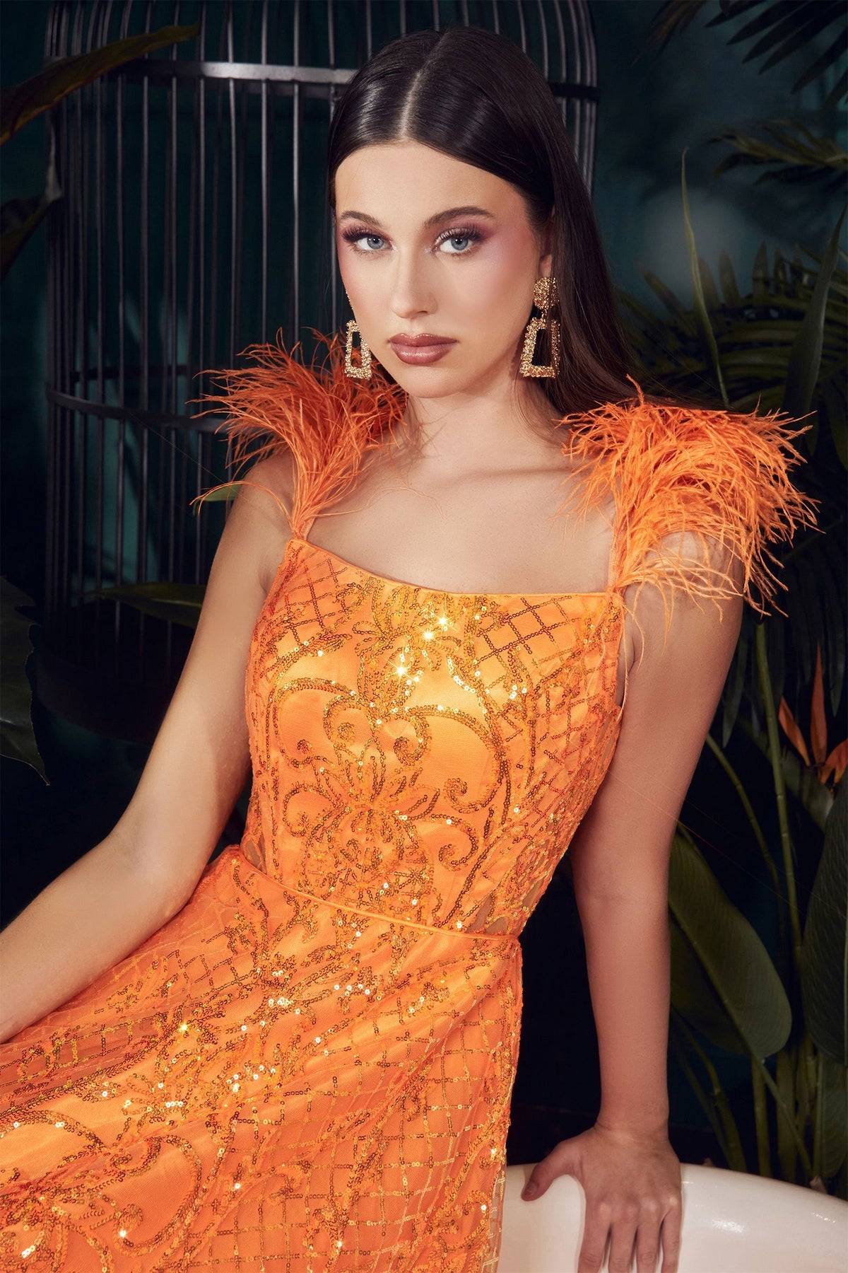 NEON ORANGE BALL GOWN WITH FEATHERS CDKV1076