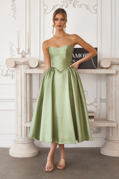 Strapless Festive Mikado Gown w/ Basque Waistline & Lace Up Back CDT822